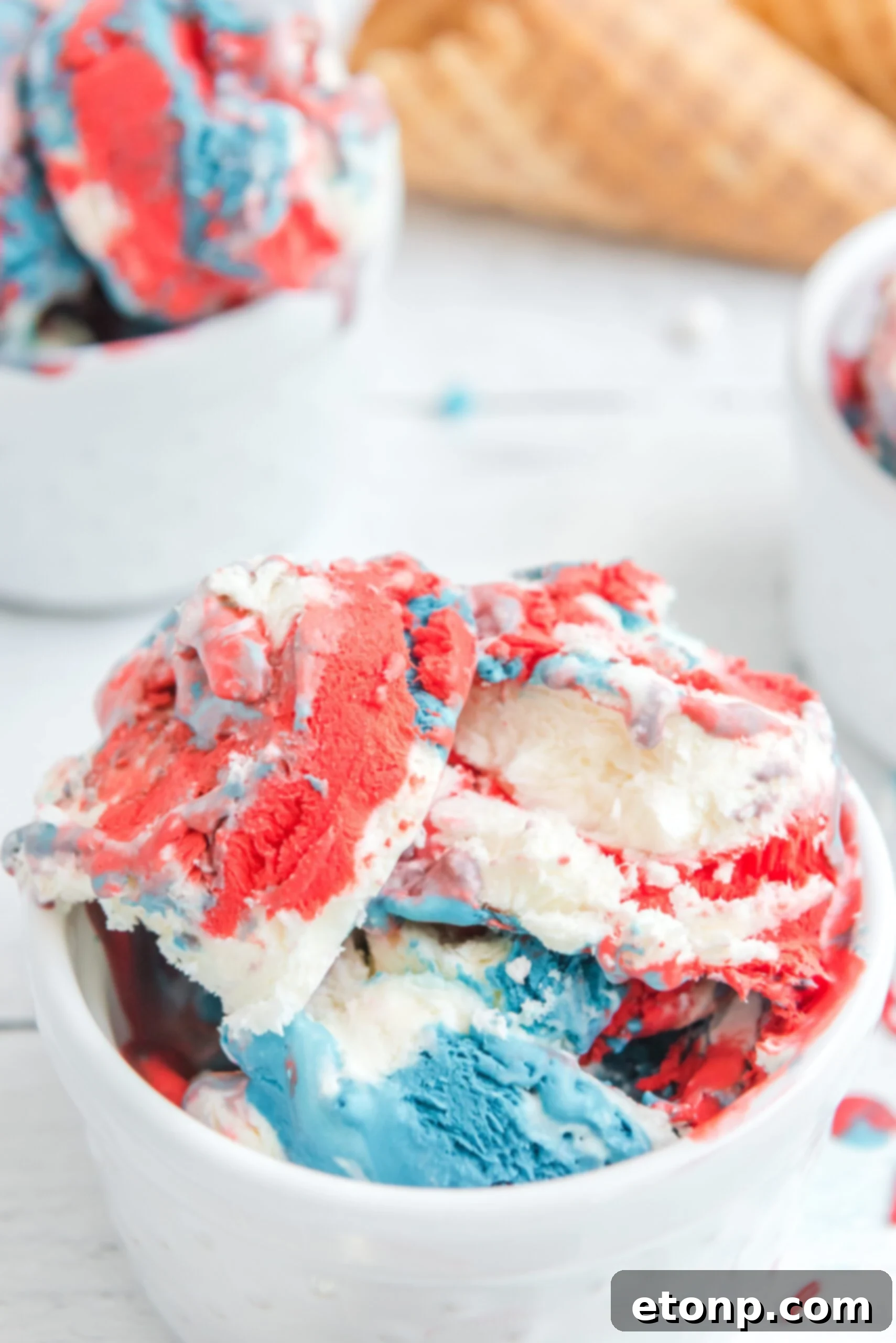 Red, White & Blue Ice Cream in a white bowl