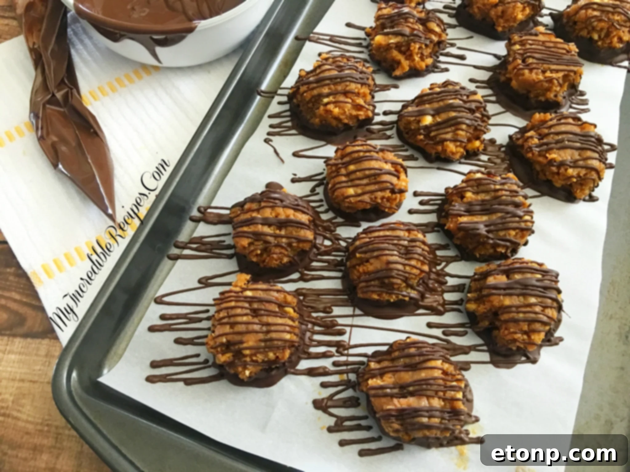 A closer view of the Samoa Bites, highlighting the distinct layers of chocolate, caramel, and coconut.