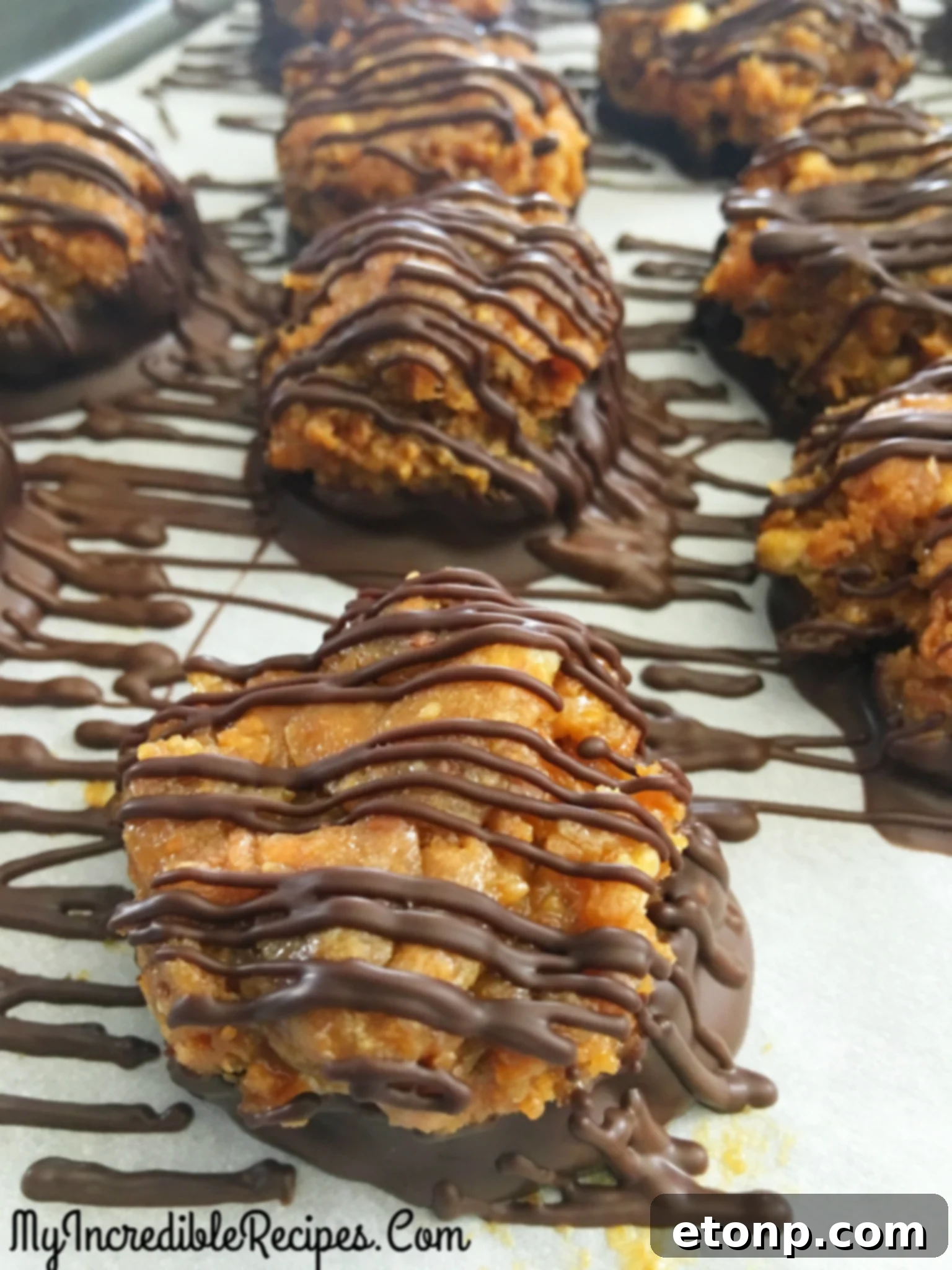 Samoa Bites stacked on a serving plate, drizzled with chocolate and sprinkled with coconut.