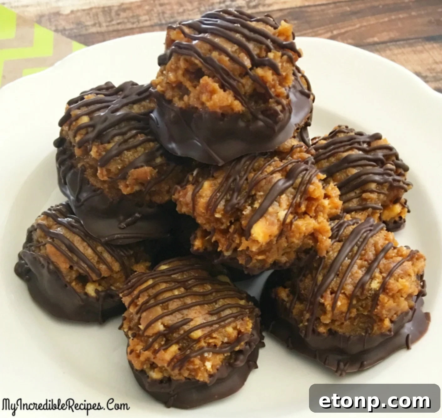 Several Samoa Bites on a plain background, emphasizing their deliciousness.