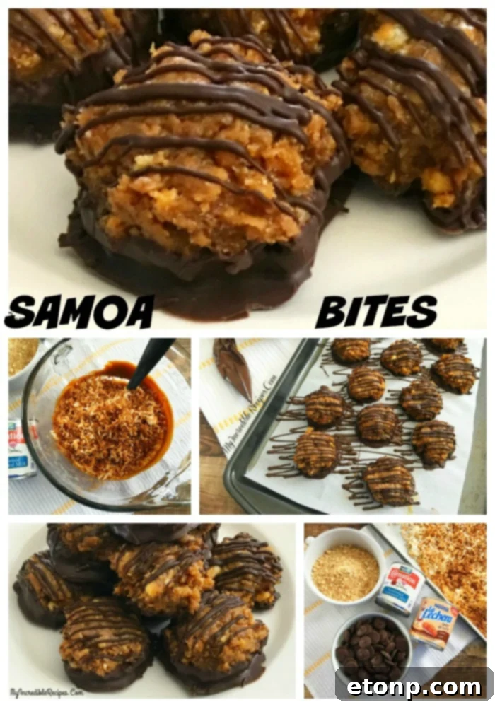 Detailed instructional graphic for making Samoa Bites, step-by-step.
