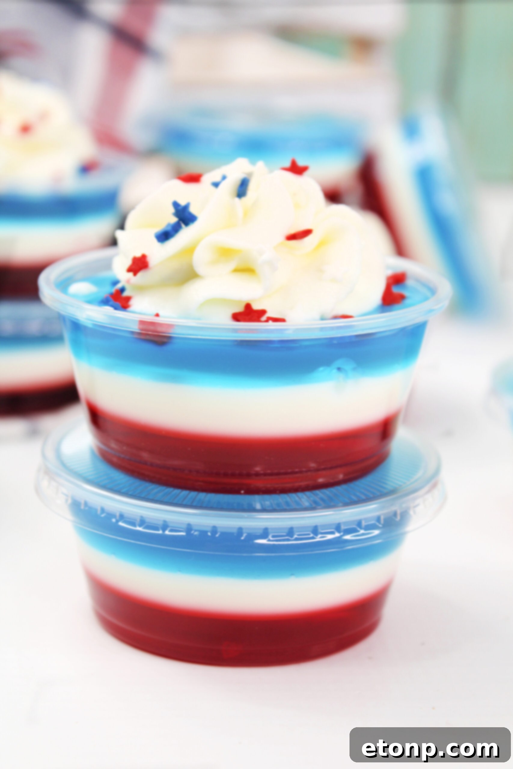 Bomb Pop Jello Shot layered red, white & blue close up