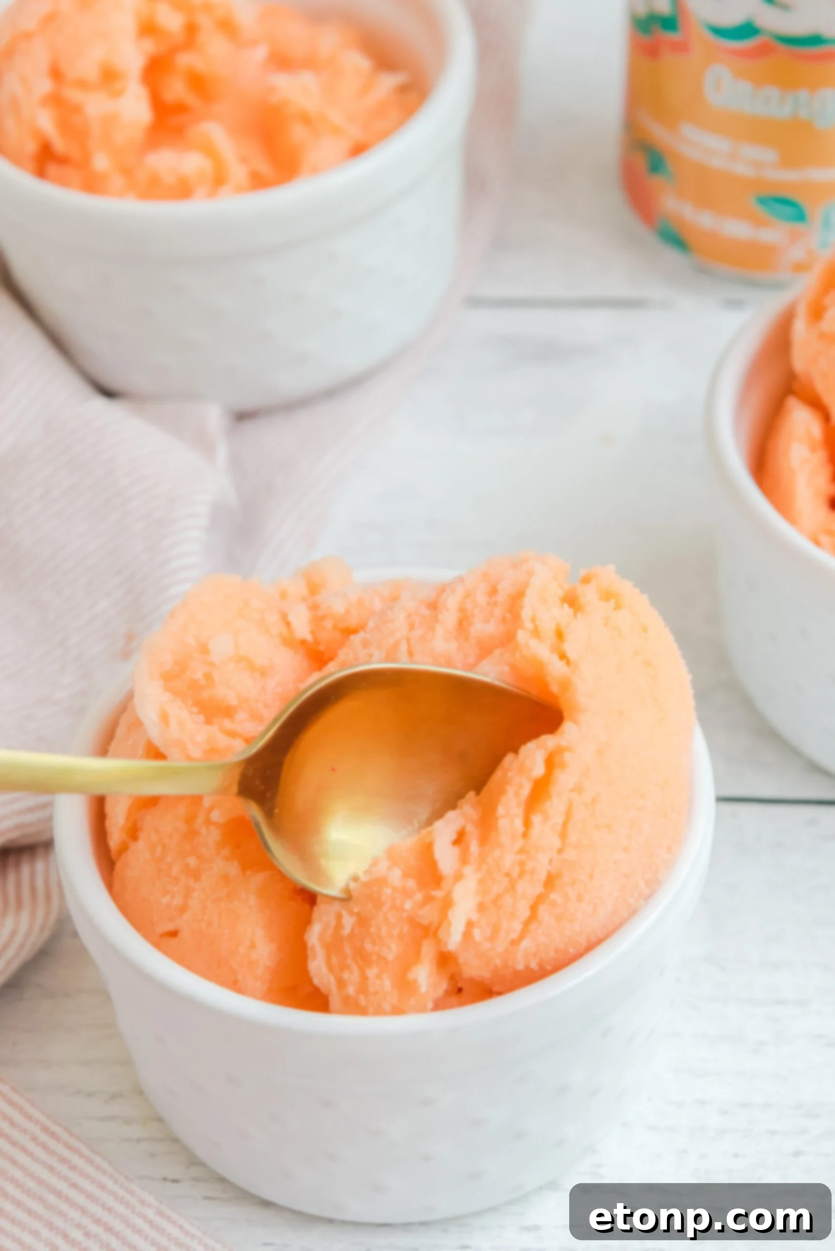 Sunburst Orange Sherbet 11 A gold spoon digging into Orange Crush Sherbet, showcasing its texture
