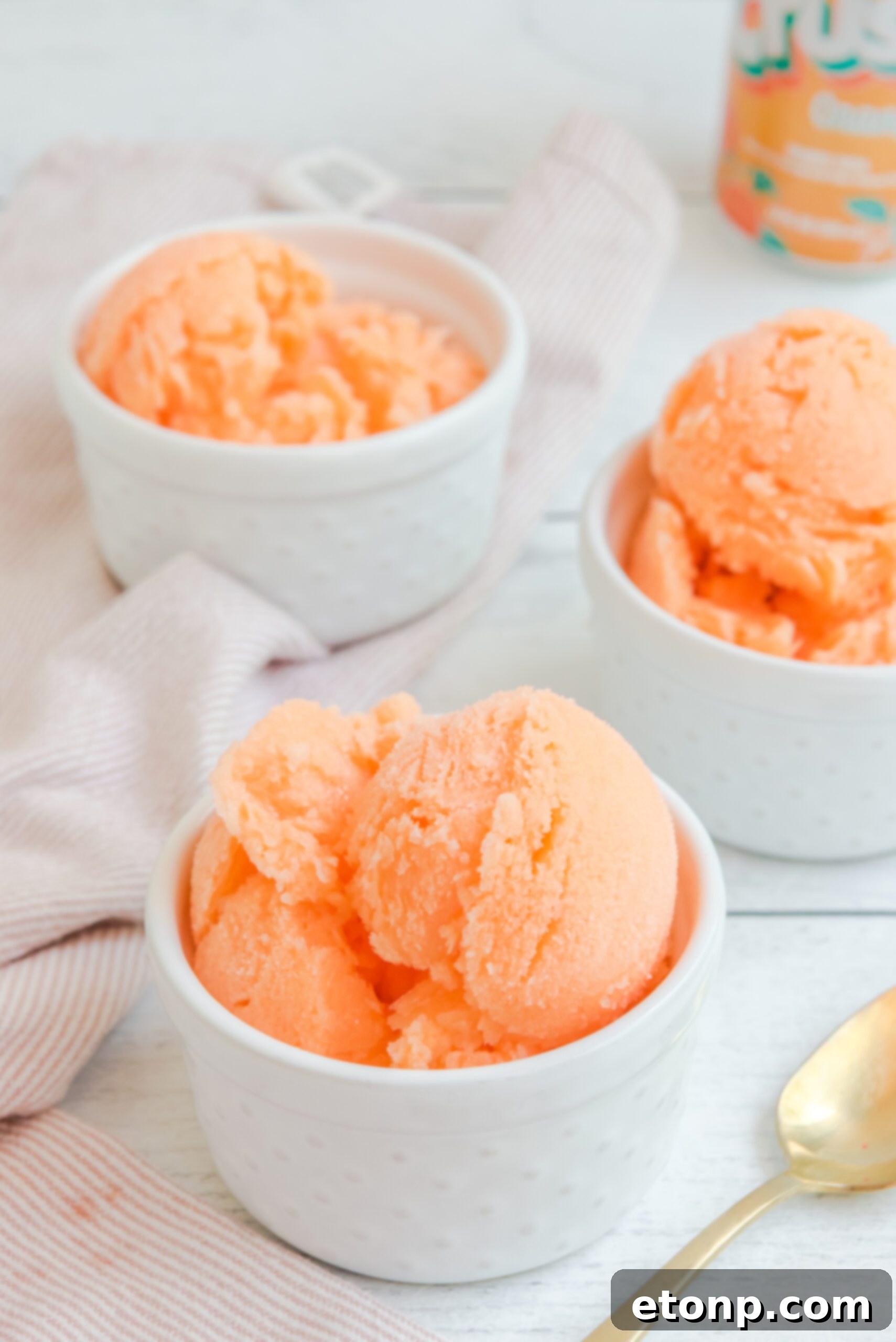 Sunburst Orange Sherbet 14 Another inviting image of three white bowls filled with Orange Crush Sherbet