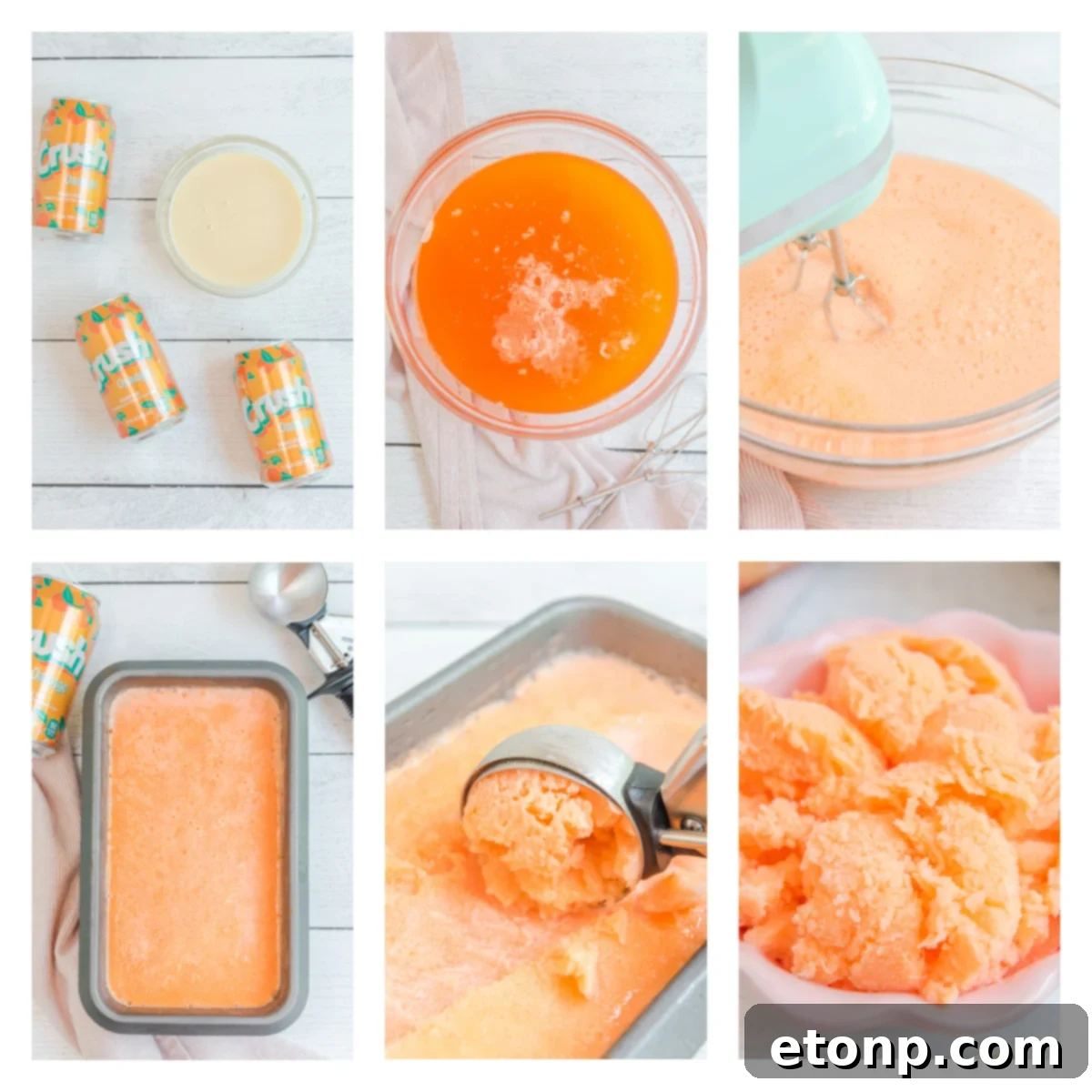 Sunburst Orange Sherbet 3 Collage showcasing the vibrant color and smooth texture of Orange Crush Sherbet