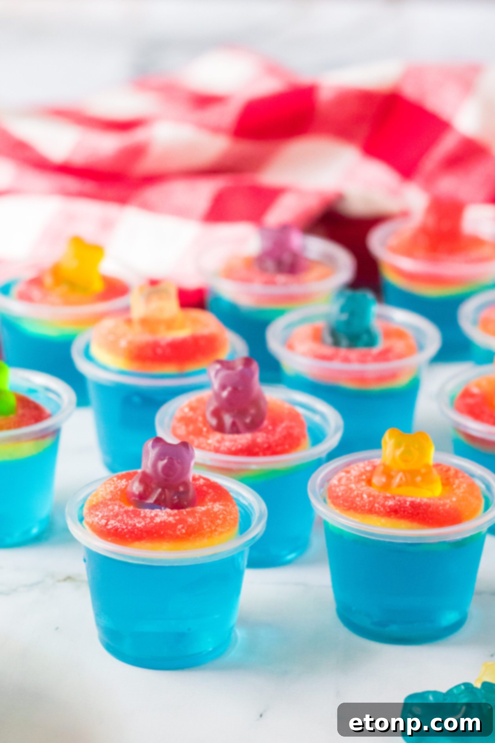 Summer Splash Jello Shots 10 Pool Party Jello Shots with gummi rings and gummi bears