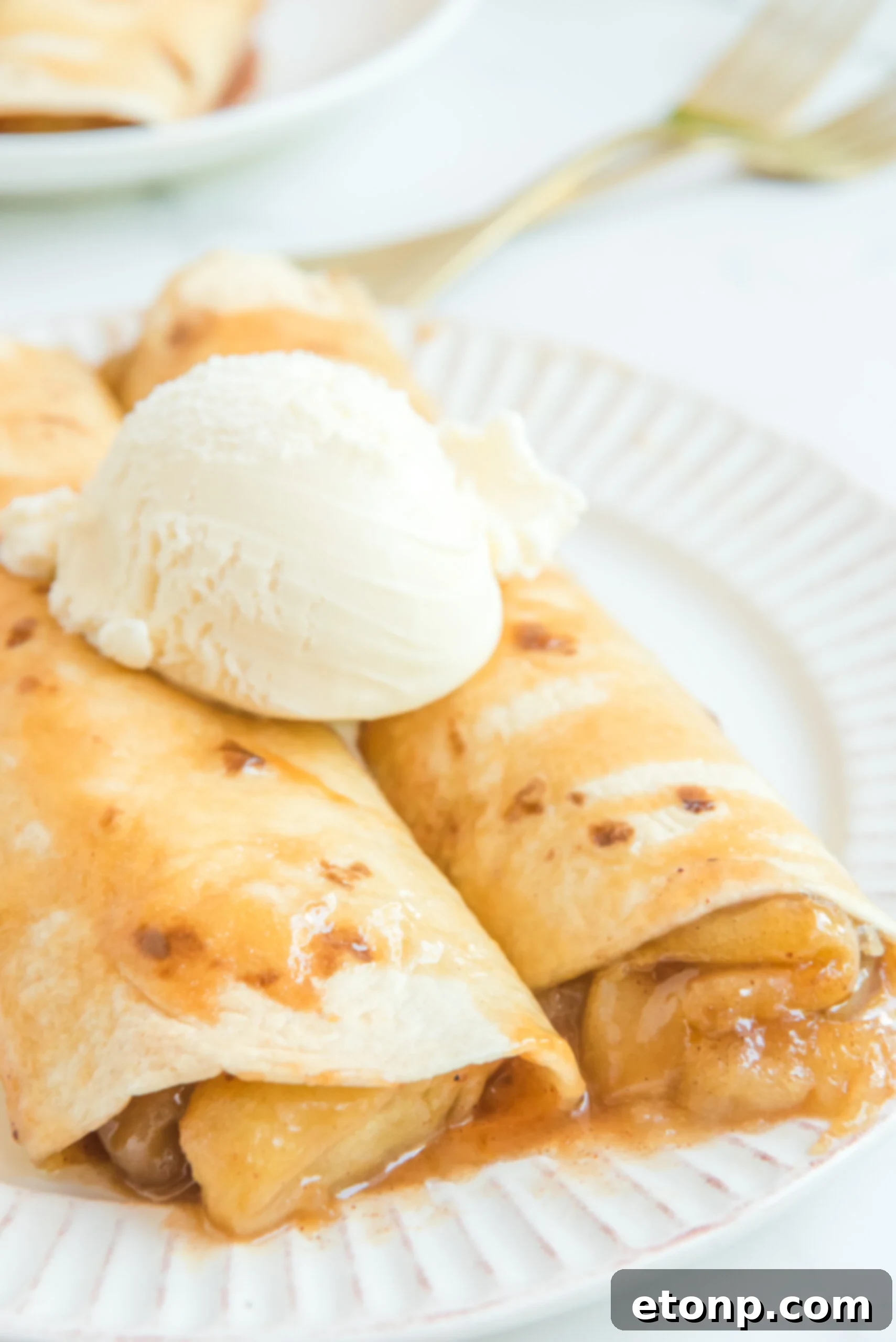 Cinnamon Apple Enchilada Bake 2 Apple Pie Enchiladas topped with vanilla ice cream, ready to serve