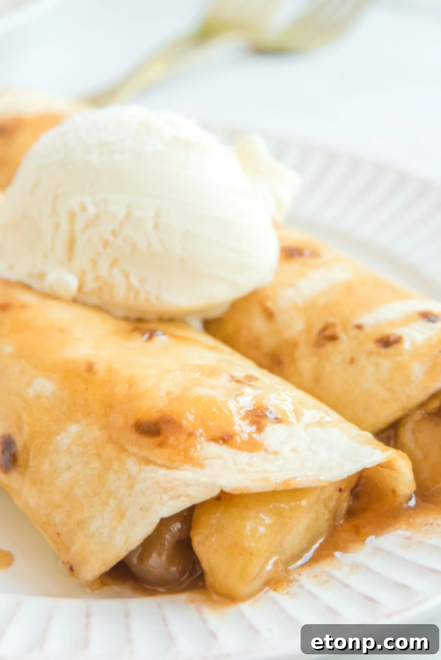 Cinnamon Apple Enchilada Bake 14 Close-up of Apple Pie Enchiladas topped with vanilla ice cream