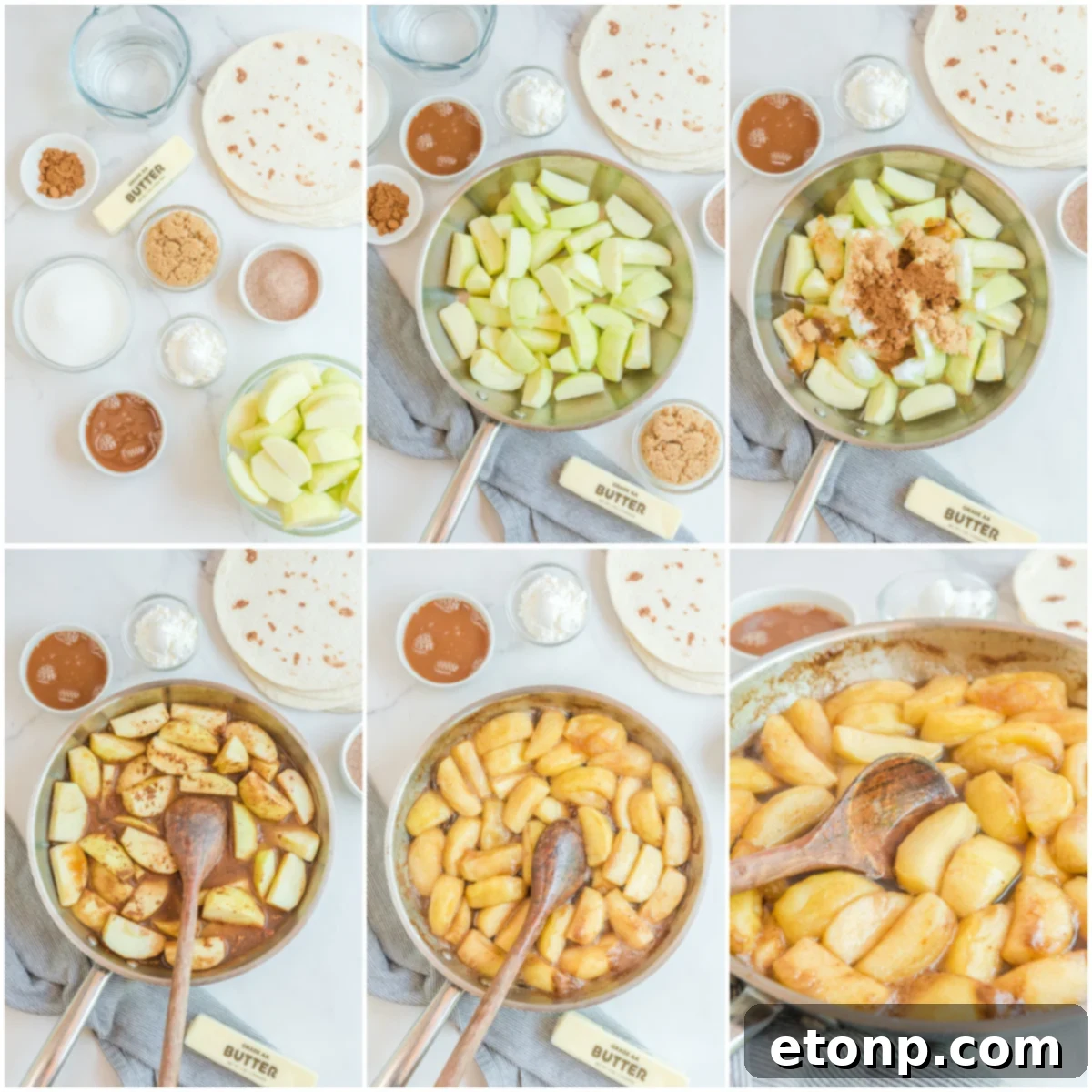 Cinnamon Apple Enchilada Bake 3 A collage displaying the fresh ingredients for Apple Pie Enchiladas