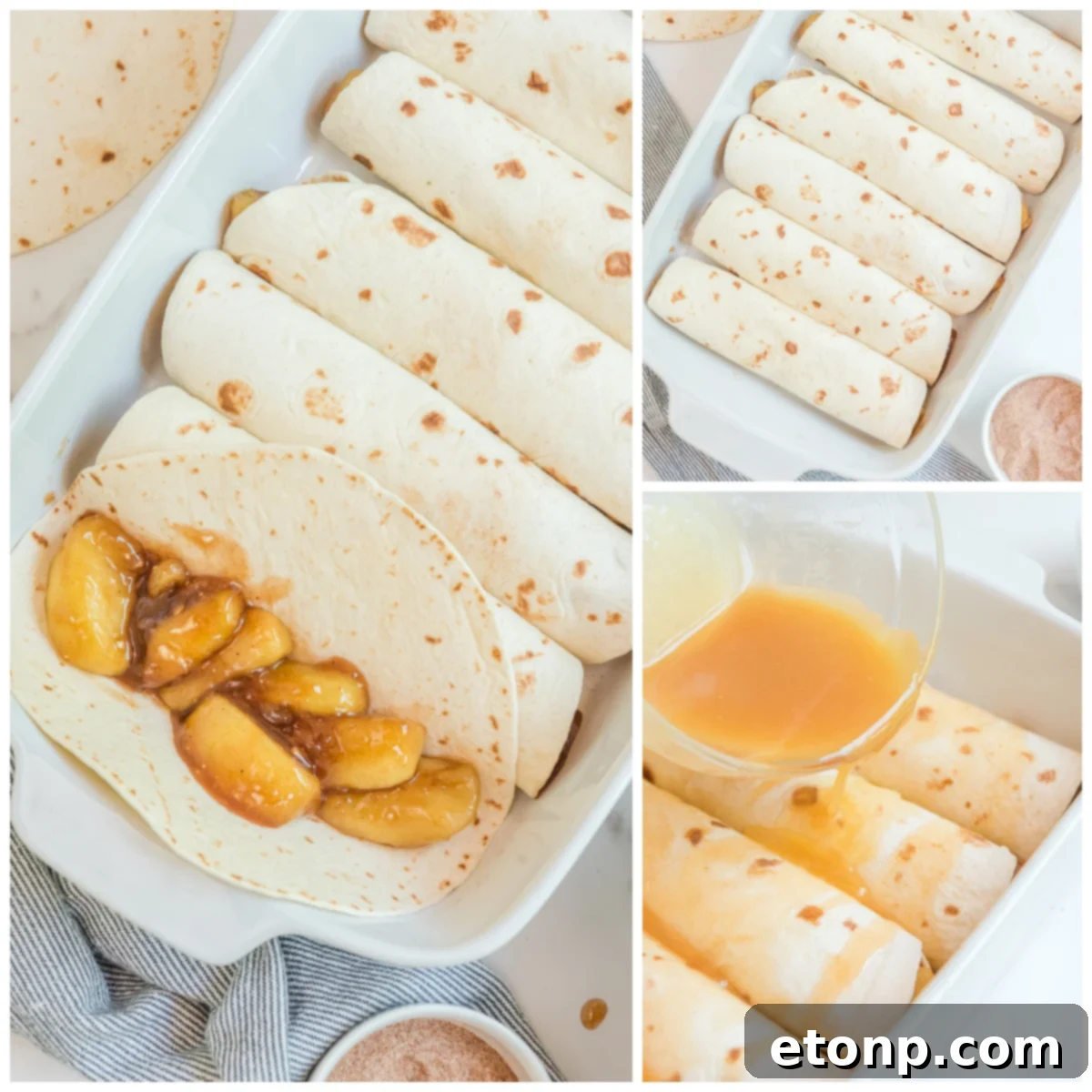 Cinnamon Apple Enchilada Bake 5 A collage showing the step-by-step assembly process for Apple Pie Enchiladas