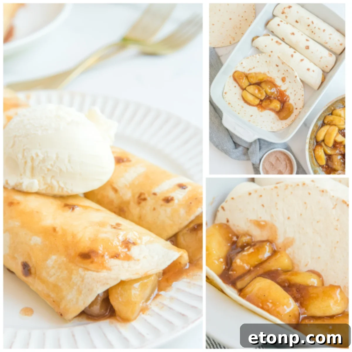 Cinnamon Apple Enchilada Bake 6 A collage featuring various stages of Apple Pie Enchilada preparation