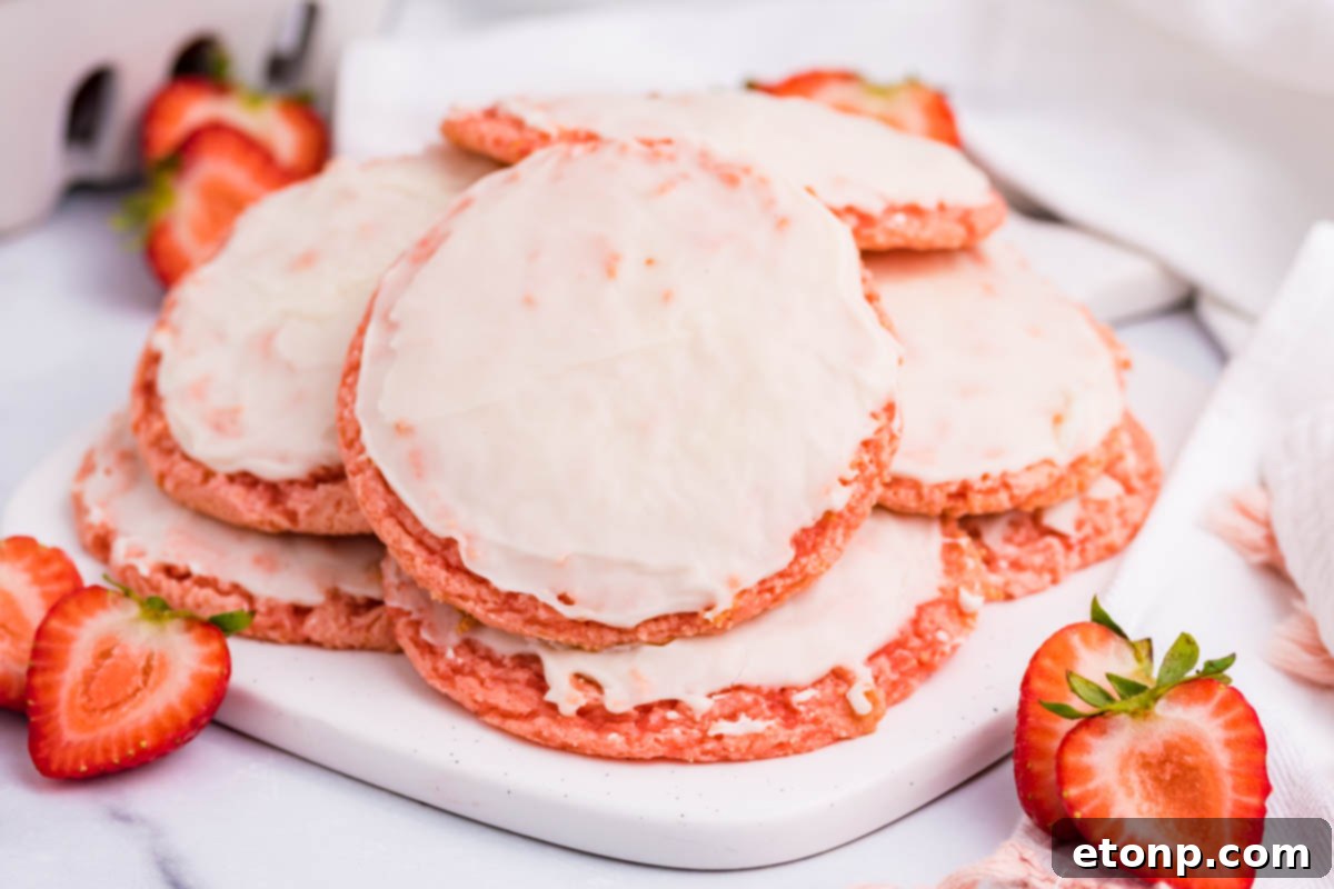 Strawberry Cool Whip Cookies topped with luscious strawberry icing on a pristine white plate