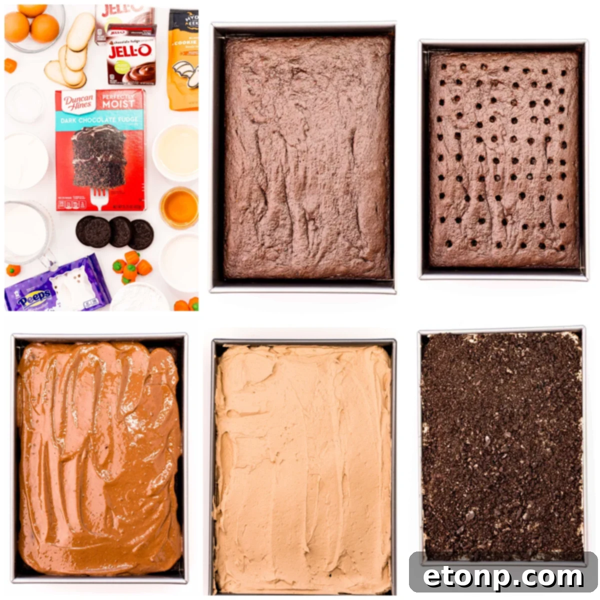 A step-by-step collage showing how to assemble the Halloween Dirt Cake, from baking the cake to layering the pudding and frosting, and finally adding the spooky decorations.