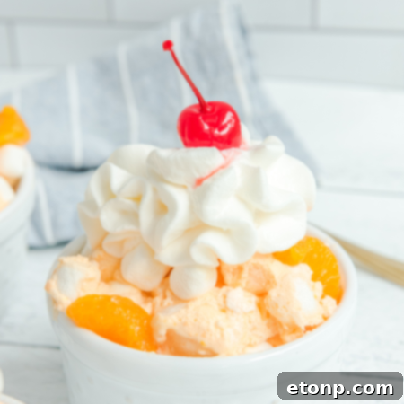 Orange Creamsicle Fluff dessert in a bowl, garnished.