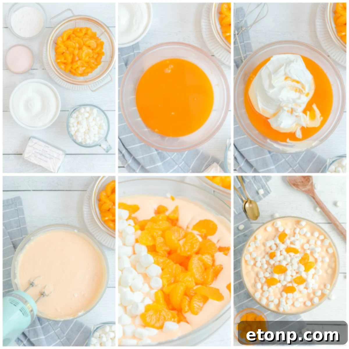 A step-by-step collage illustrating the preparation of Orange Creamsicle Salad, showing ingredients and mixing stages.