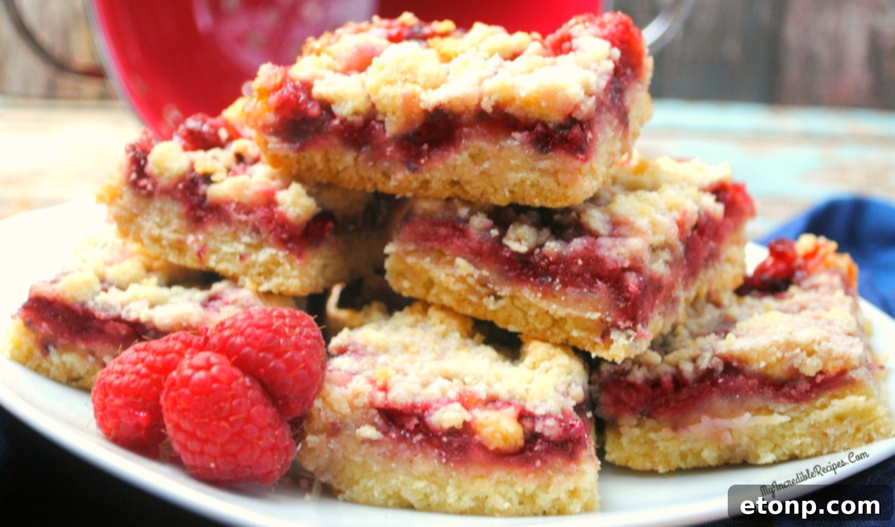 A slice of Raspberry Crumble Bar showing the interior layers and texture, ready to be eaten.
