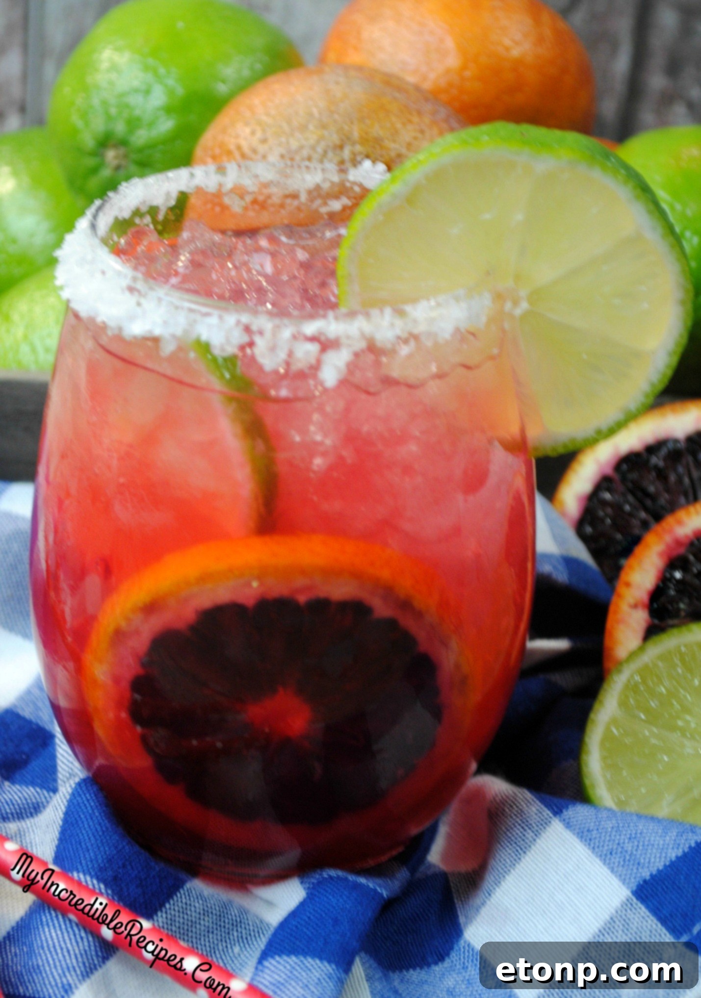 Close-up of a Blood Orange Margarita with a sugared rim.