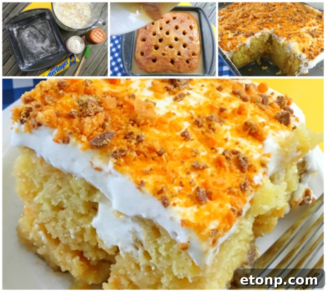 Butterfinger Bliss Cake 15 collage of Butterfinger Caramel Poke Cake images