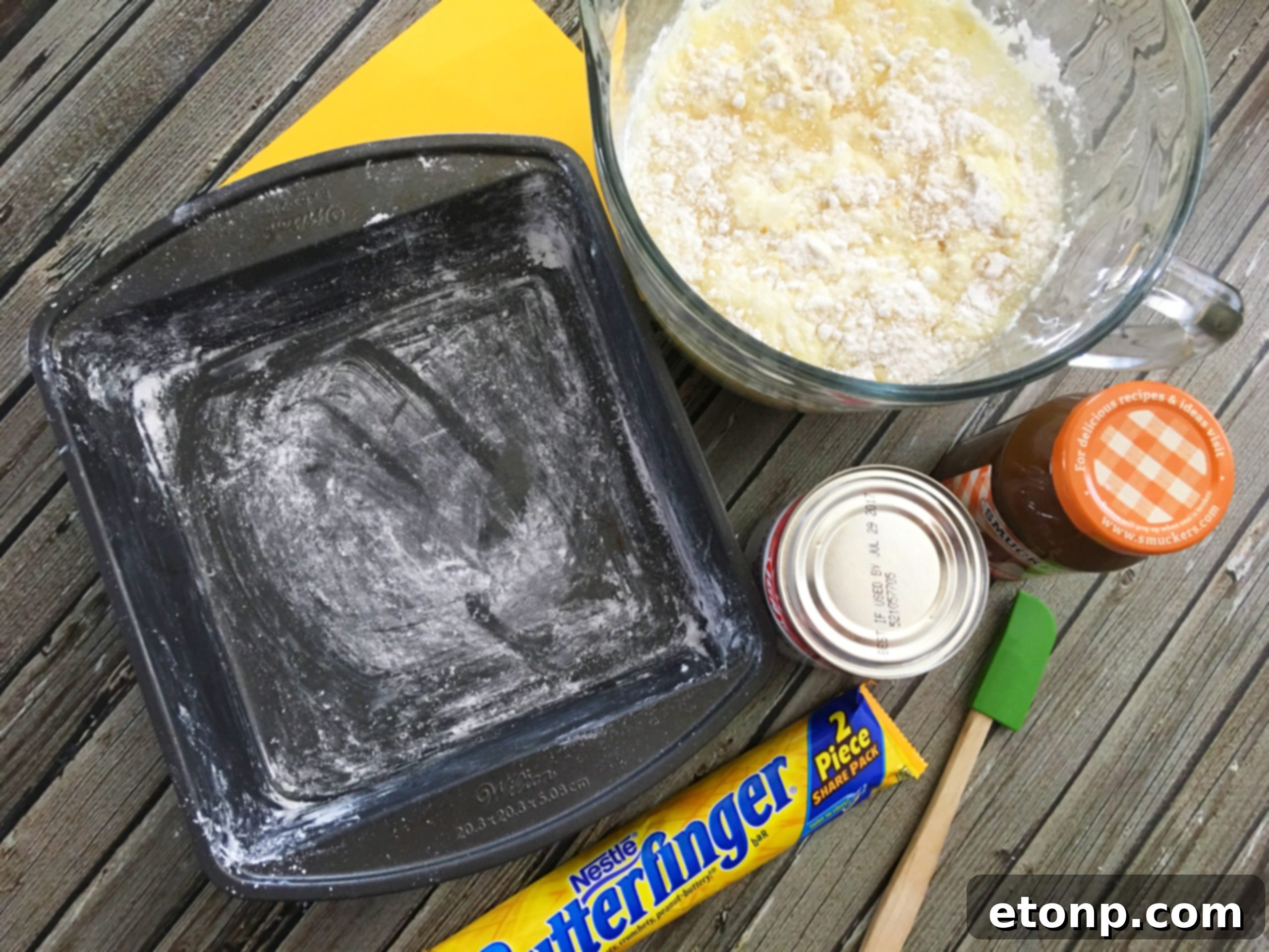 Butterfinger Bliss Cake 3 ingredients for Butterfinger Caramel Poke Cake laid out