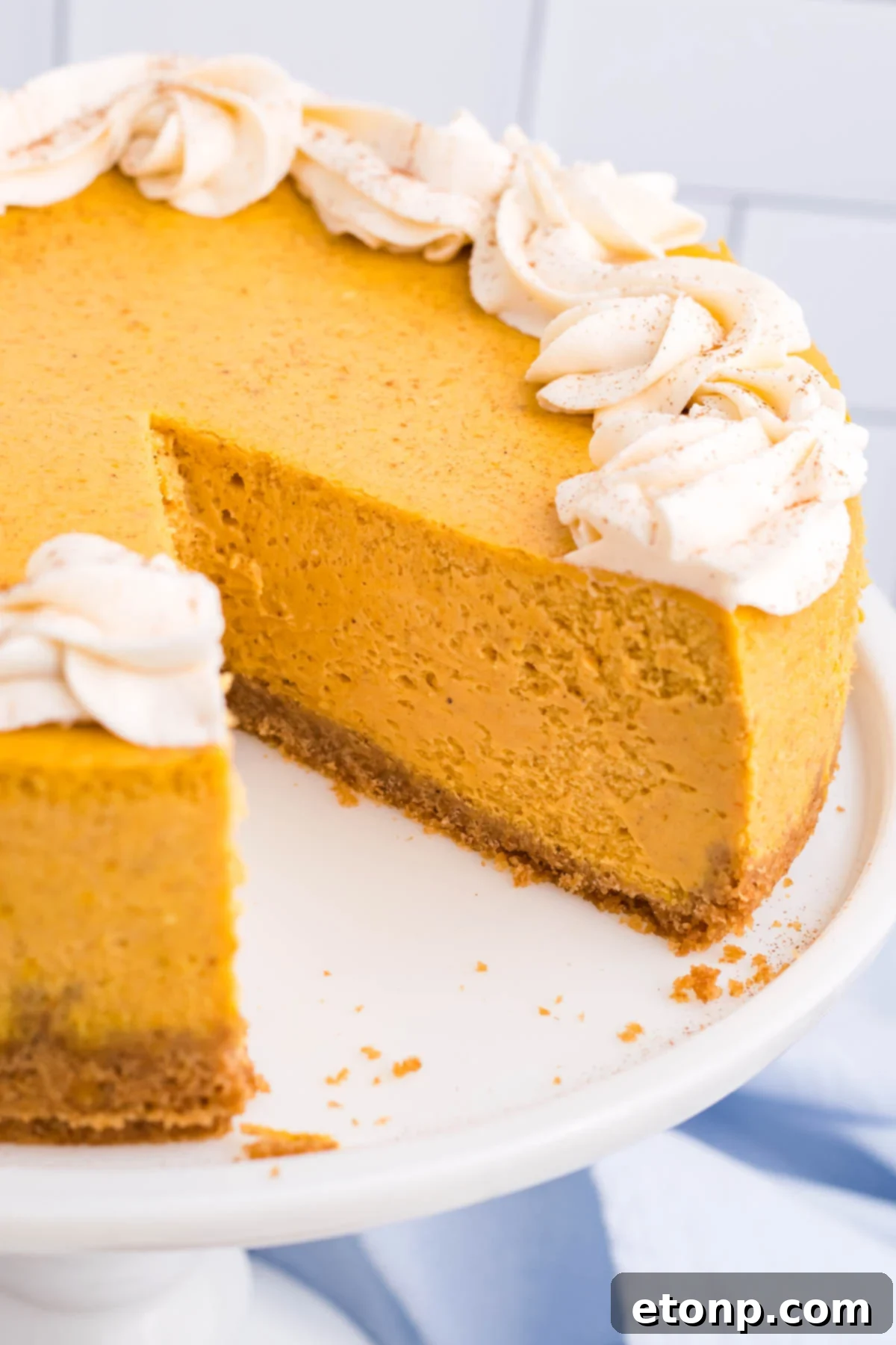 Pumpkin Cheesecake on a white cake stand