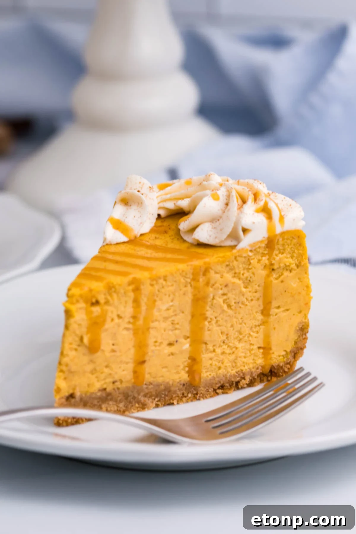 Pumpkin Cheesecake on a white plate with a fork next to it