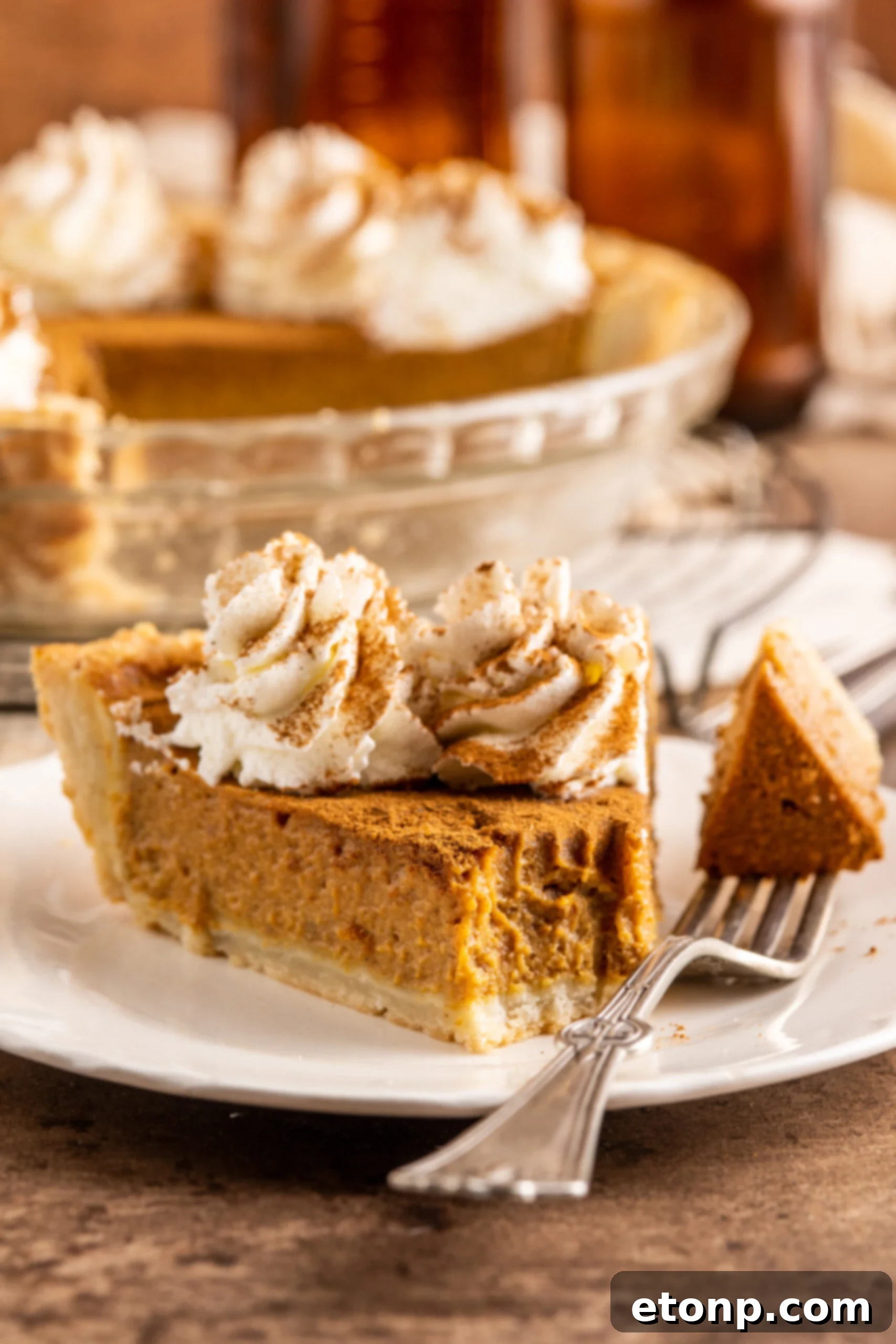 Velvet Pumpkin Dream Pie 2 Pumpkin Custard Pie slice on a white plate with a bite on a fork