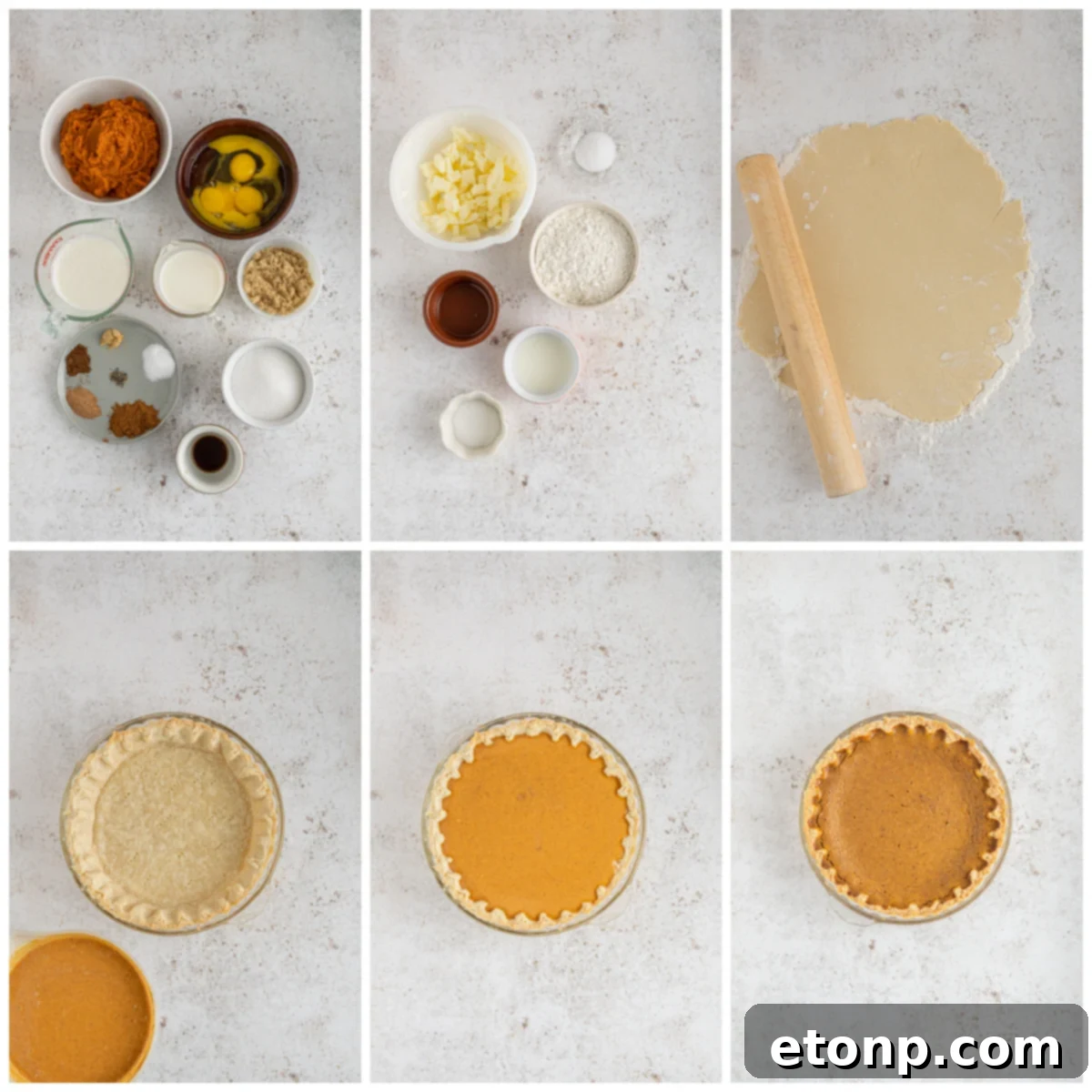 Velvet Pumpkin Dream Pie 3 Pumpkin Custard Pie collage of ingredients and assembly of the pie