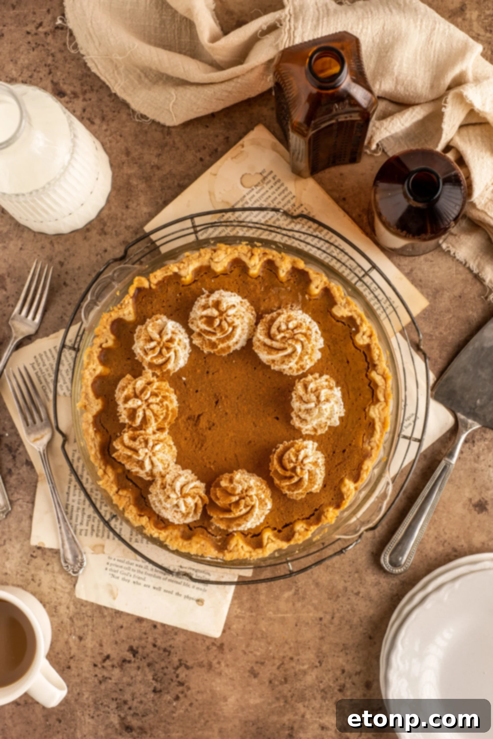 Velvet Pumpkin Dream Pie 4 Pumpkin Custard Pie topped with whipped cream in a clear pie dish