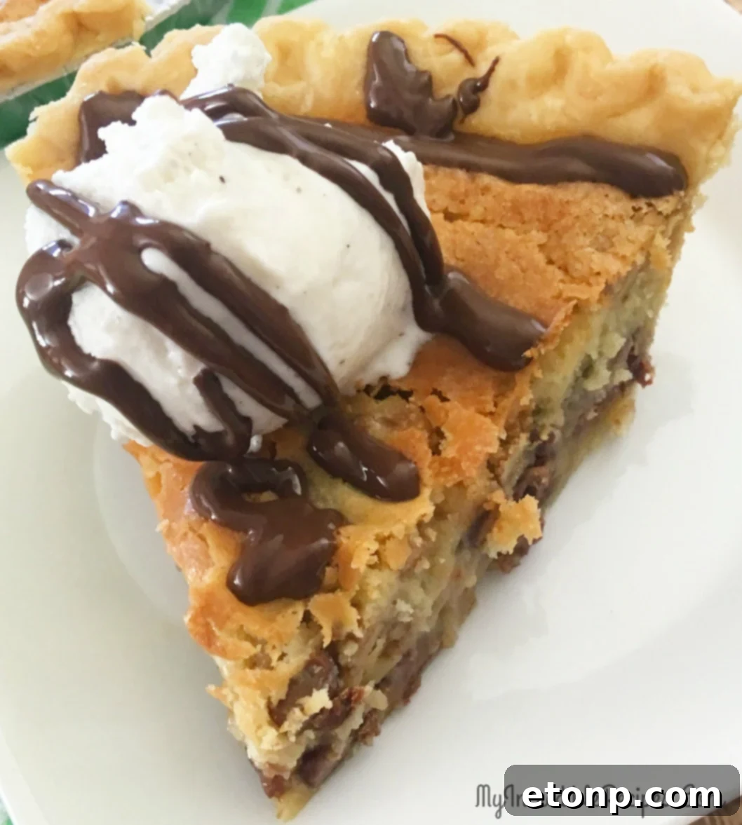 A serving platter with two slices of chocolate chip pie, indicating it's a family favorite