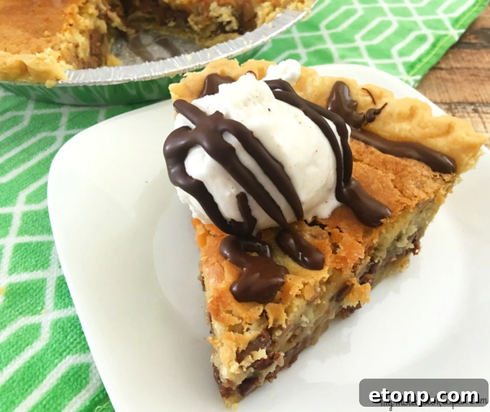 Vintage style photo of a chocolate chip pie, perhaps evoking a grandmother's recipe