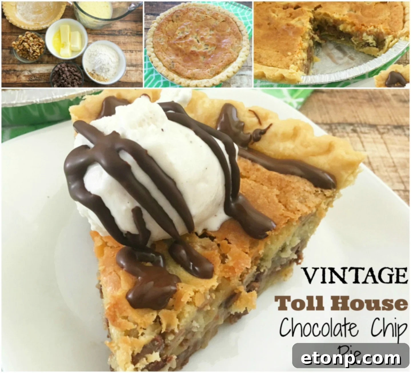 Collage of various stages and servings of the chocolate chip pie