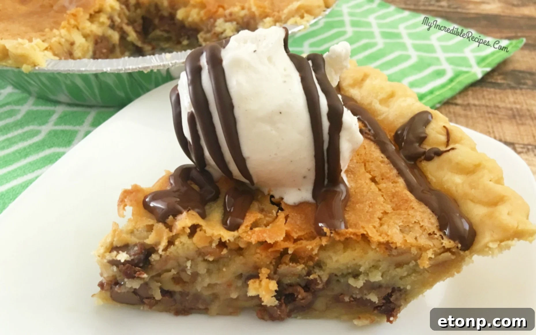 A beautifully presented whole chocolate chip pie, highlighting its unique appeal