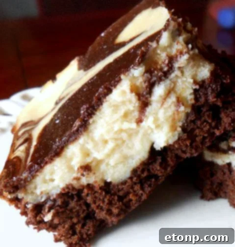 Close-up shot of a sliced cream cheese brownie, revealing the rich chocolate and creamy white swirl.