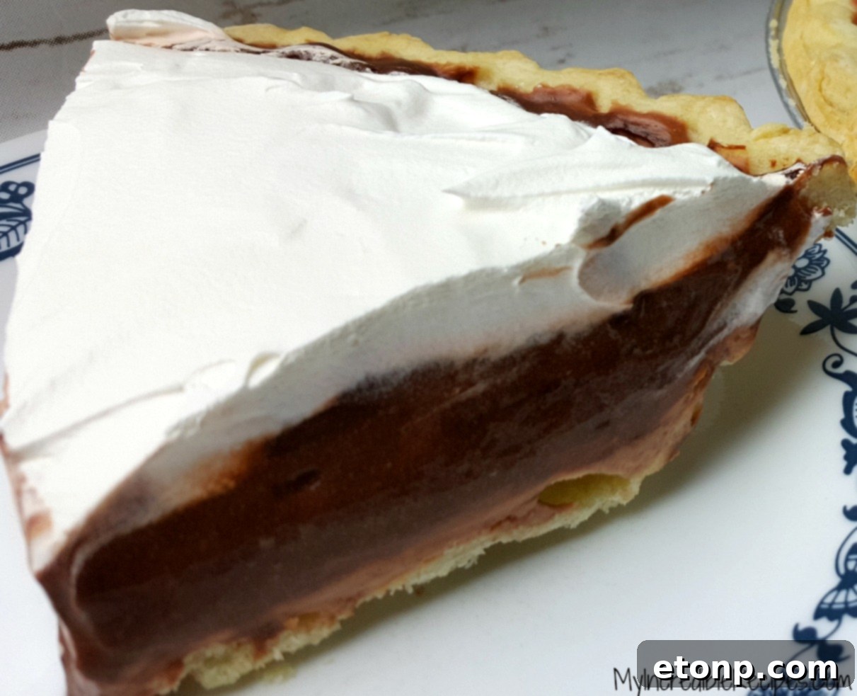 Close-up of a chocolate cream pie with whipped topping