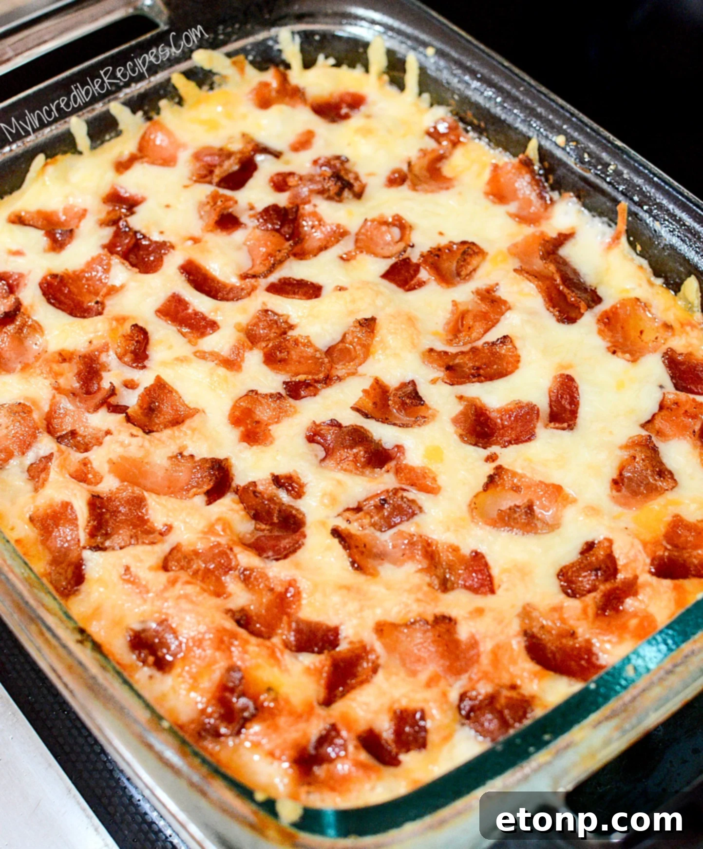 Ultimate Chicken Bacon Ranch Bake 7 Freshly baked Chicken Bacon Ranch Casserole out of the oven