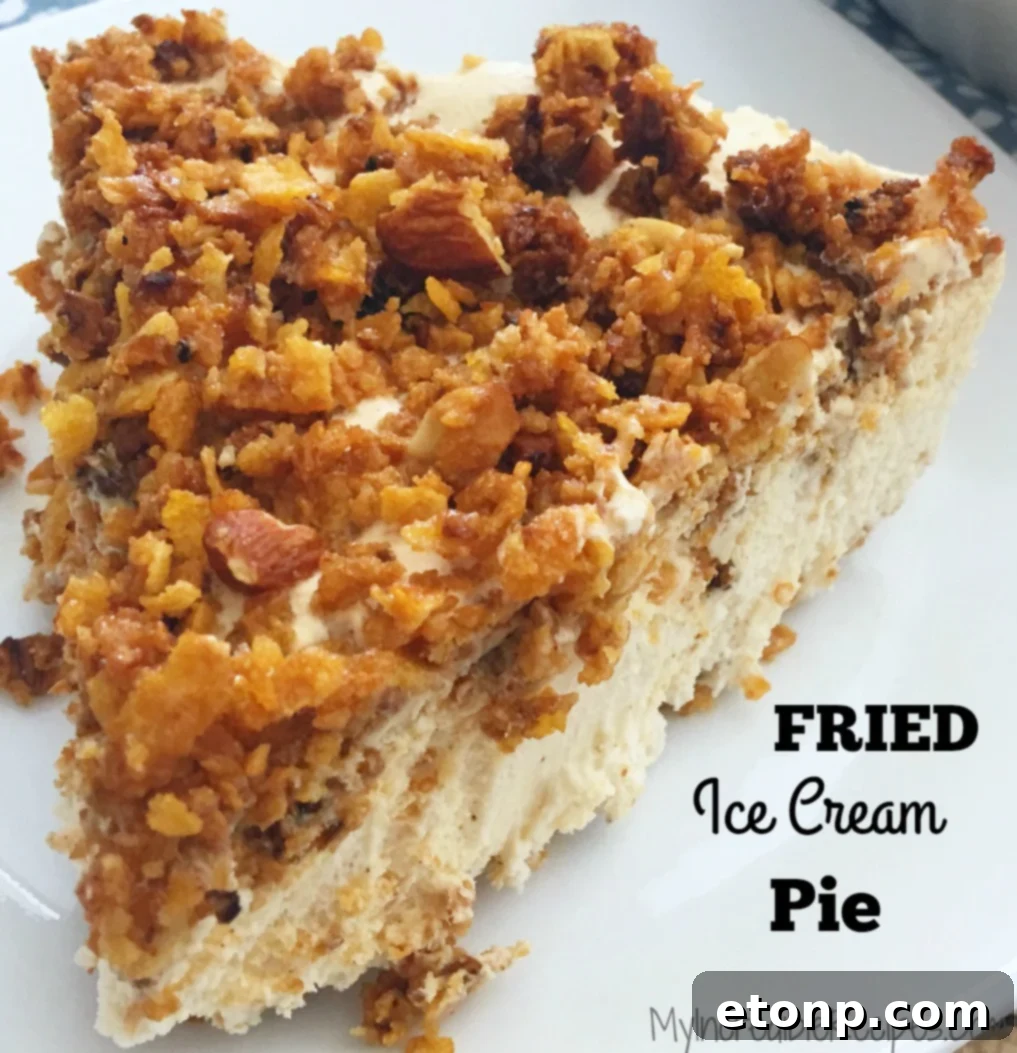 Delicious no-bake fried ice cream pie with golden topping in a pie dish, ready to be served.
