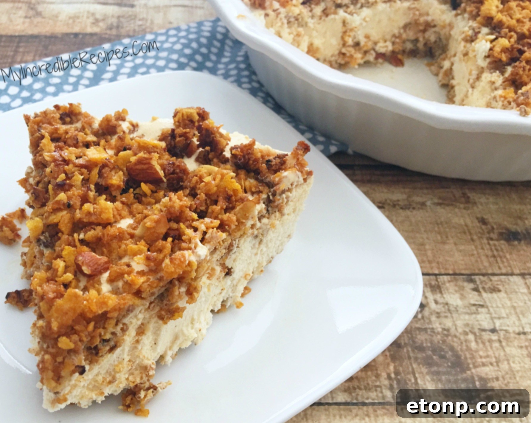 Whole no-bake fried ice cream pie presented beautifully in an ornate pie dish.