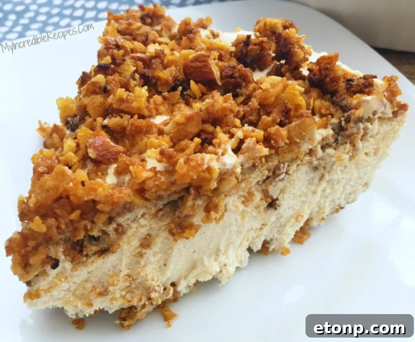 Close-up of a single serving of the no-bake fried ice cream pie, showcasing its inviting texture.