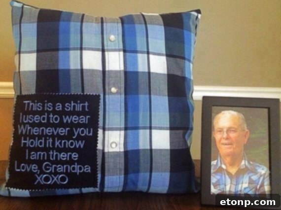 Comforting Memory Pillow crafted from a loved one's plaid shirt, featuring a pocket and button details.