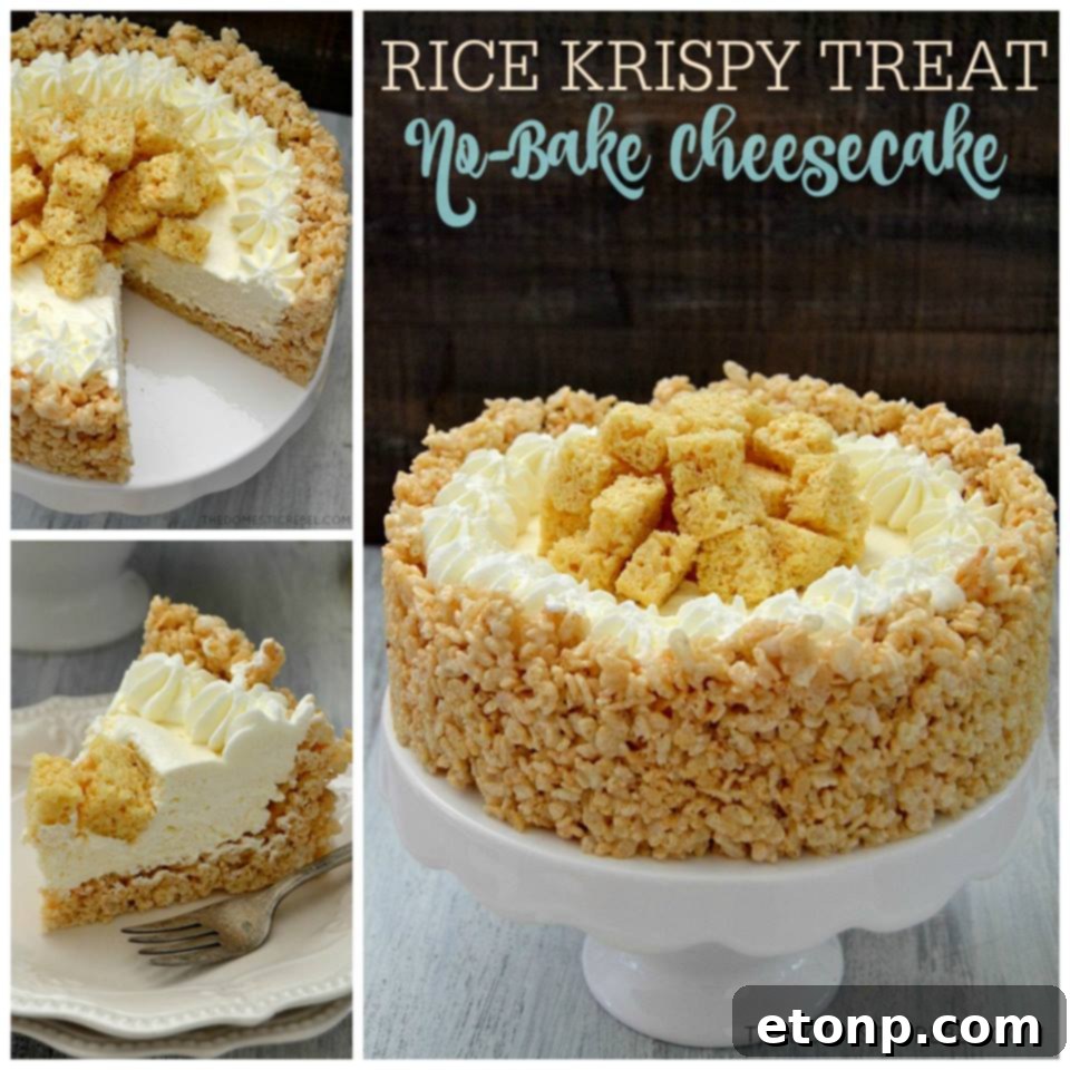 Slice of no-bake cheesecake with a Rice Krispie treat crust, topped with whipped cream and sprinkles.