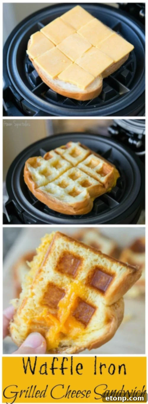 Golden brown grilled cheese sandwich cooked in a waffle iron, showing distinctive waffle patterns and oozing cheese.