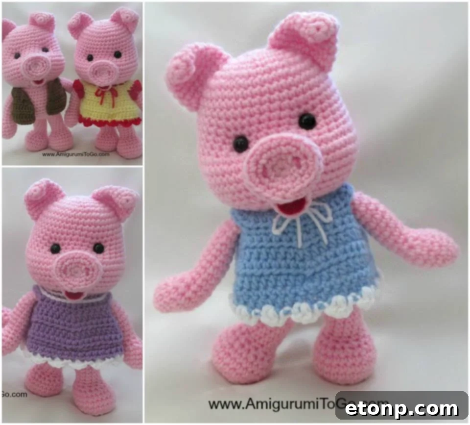 Cute stuffed crochet pig toy with rosy cheeks and small ears, sitting on a wooden surface.