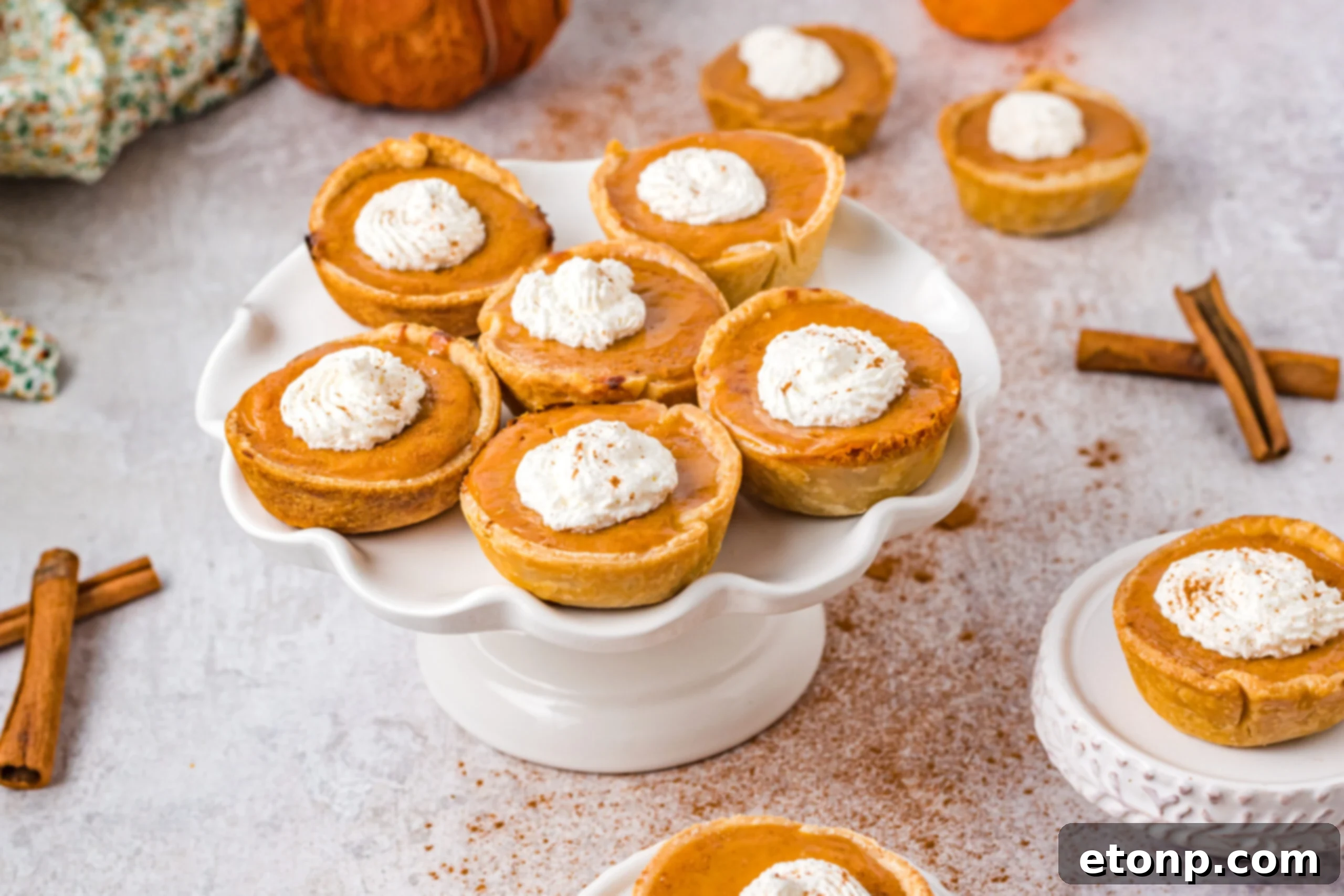 Mini Pumpkin Pies on a white serving tray 