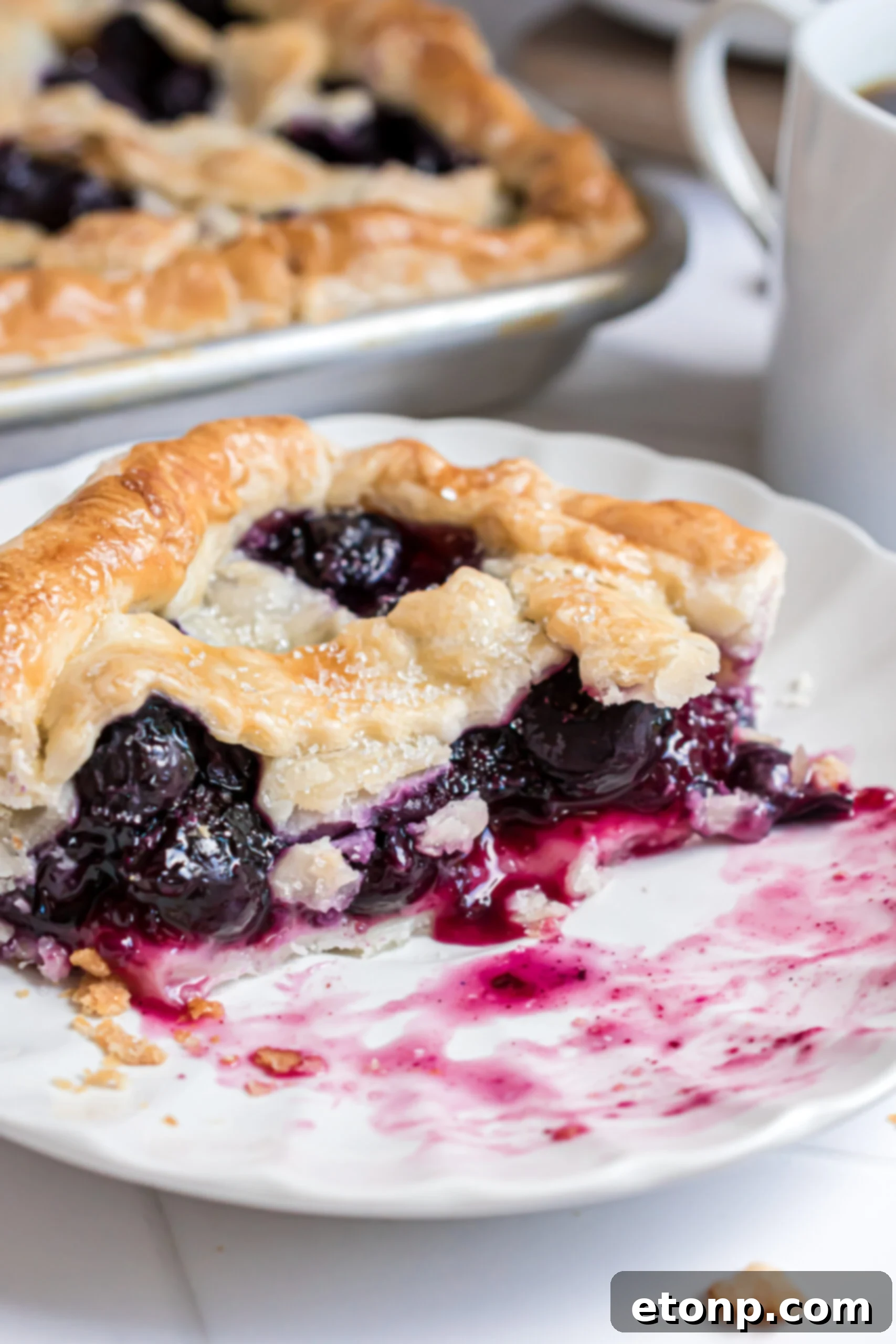 A delicious slice of Blueberry Slab Pie on a white plate, with a few tempting bites already enjoyed, showcasing the rich berry filling and flaky crust.