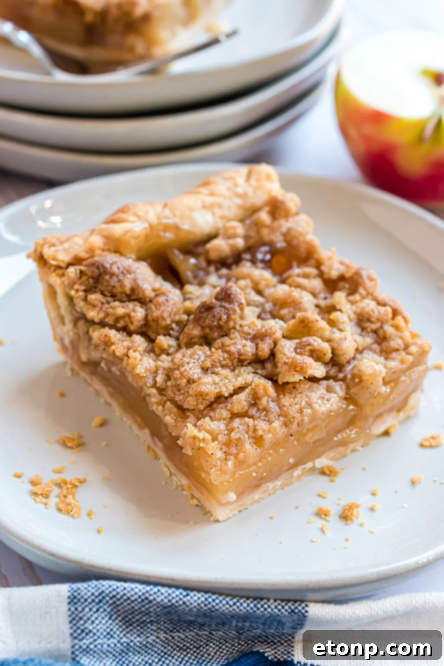 Up close shot of the apple slab pie on a white plate 
