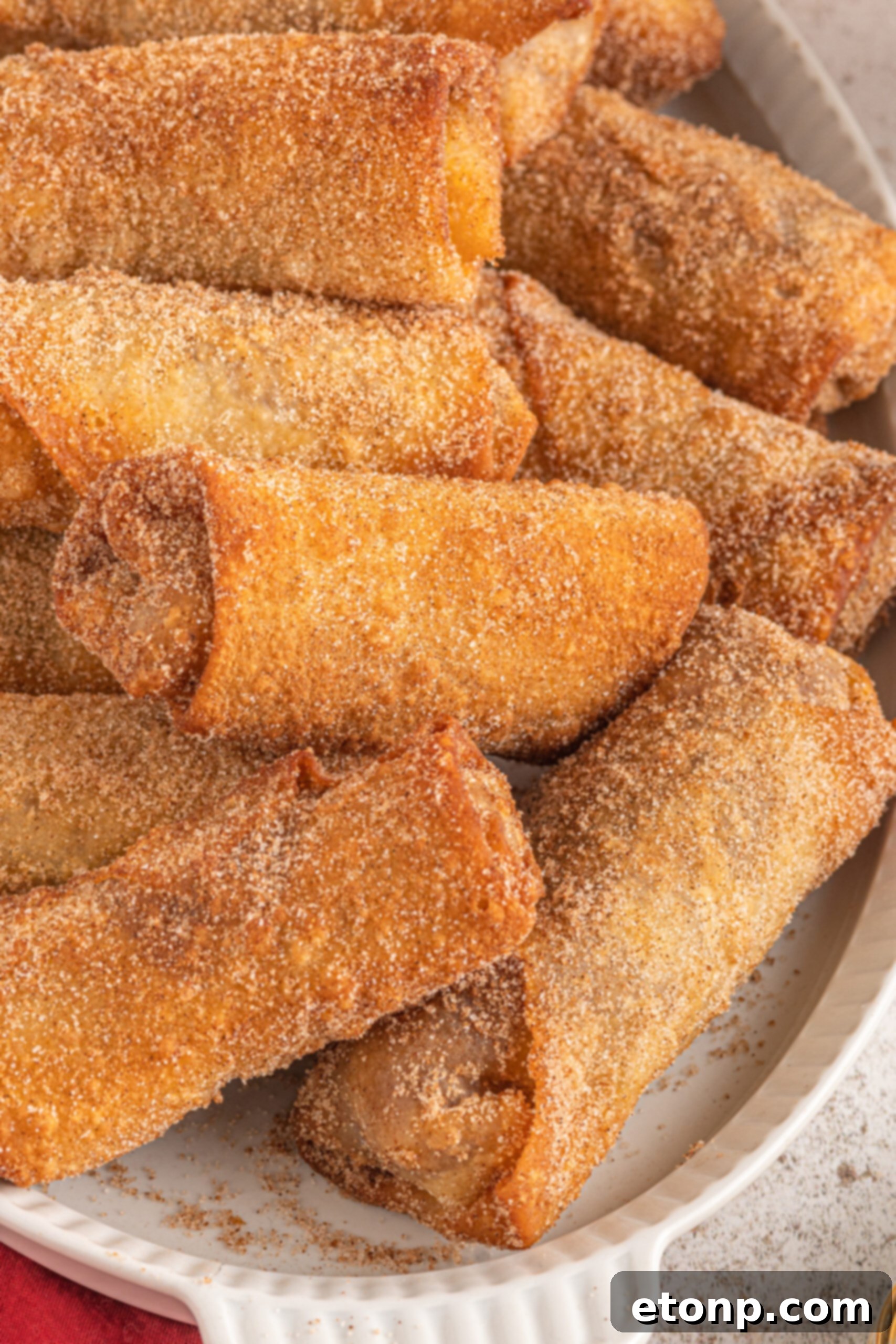 A close-up shot focusing on the exquisite cinnamon sugar coating of a dessert egg roll, showing the fine texture and sweet sparkle.