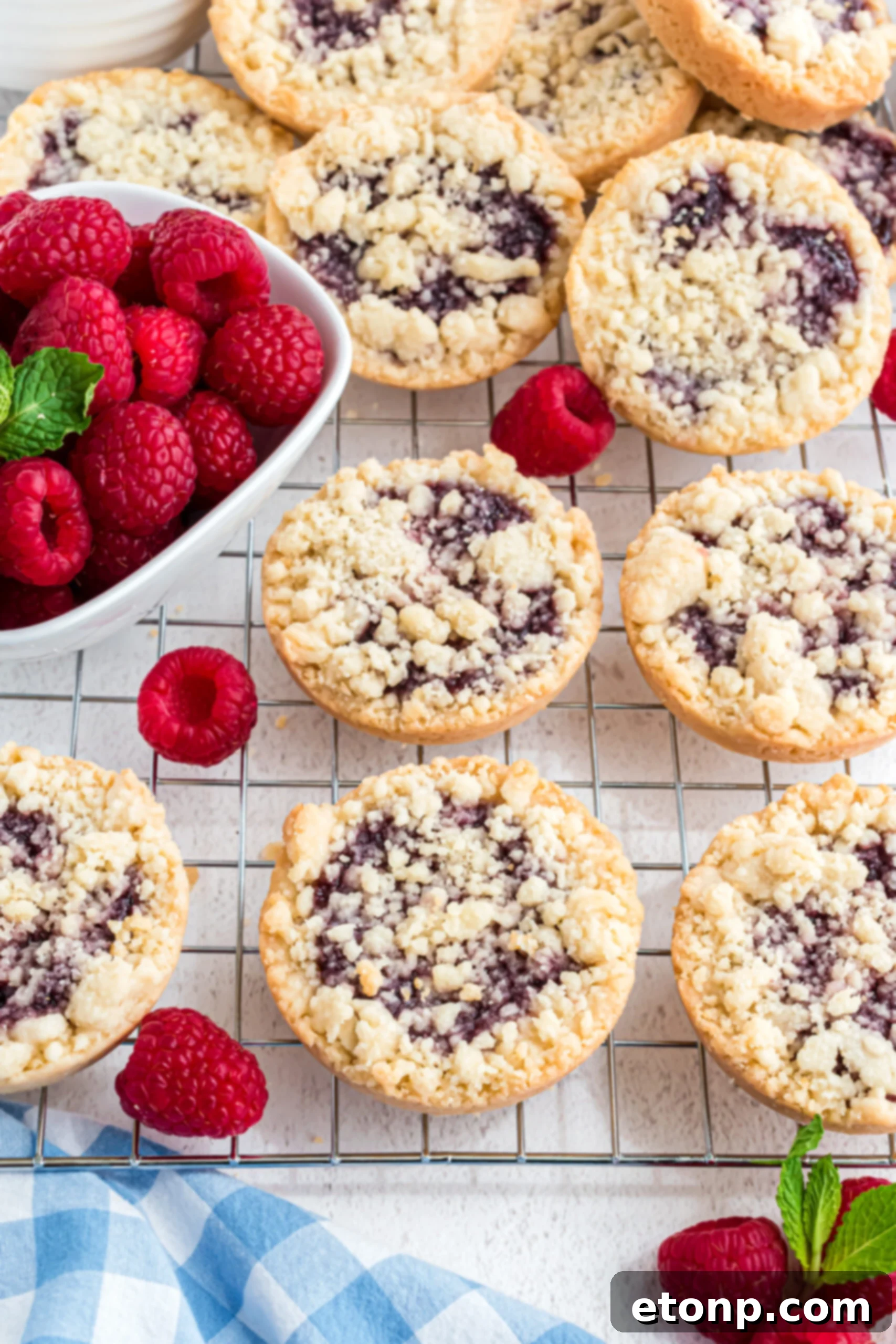 Overhead shot of the cookies cooling on a wire rack with fresh raspberries scattered around.