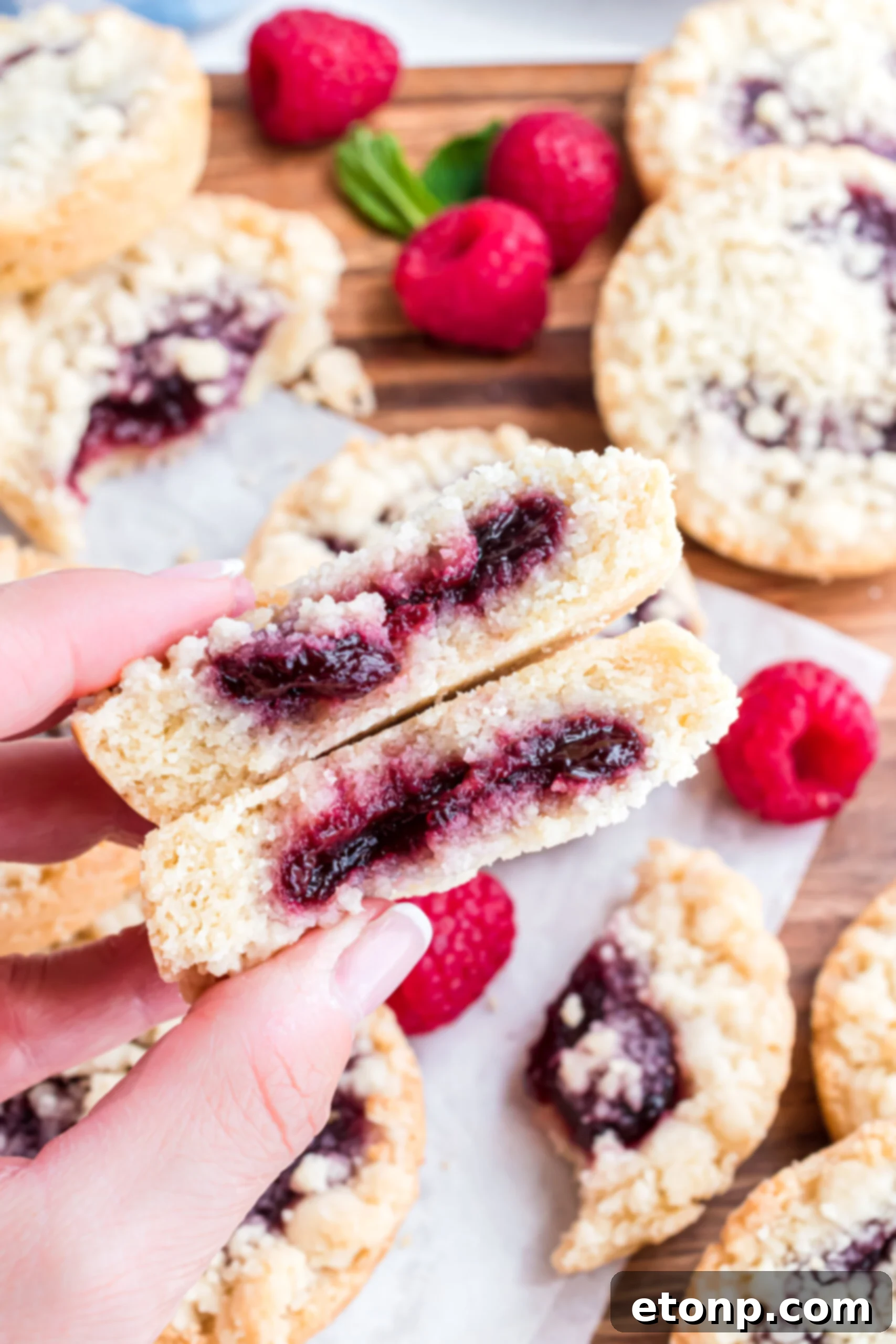 A raspberry cookie cut in half showing the vibrant raspberry filling center.