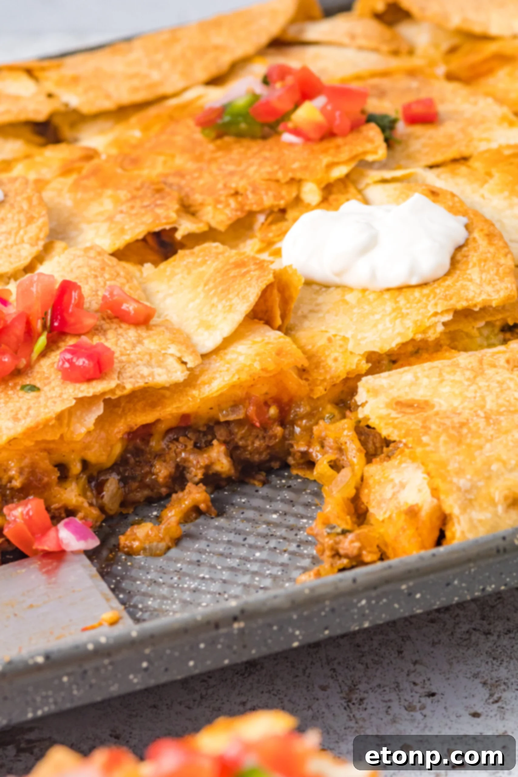 Shot of the inside of the sheet pan tacos. 