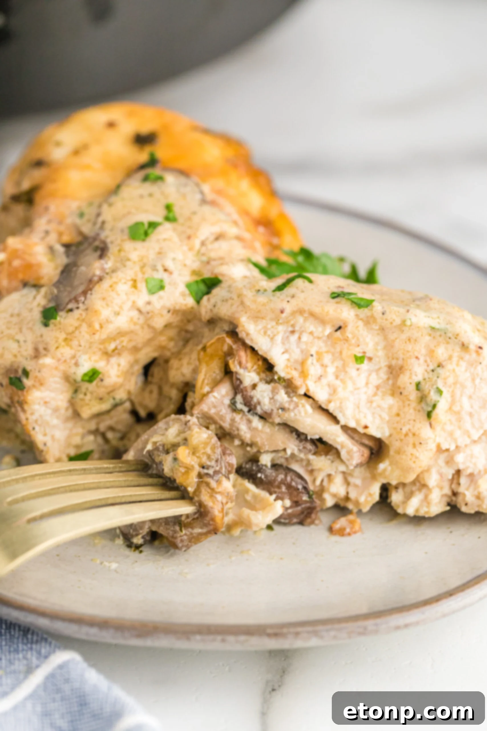 A close up piece of chicken cut in half showing the stuffing on the inside. 